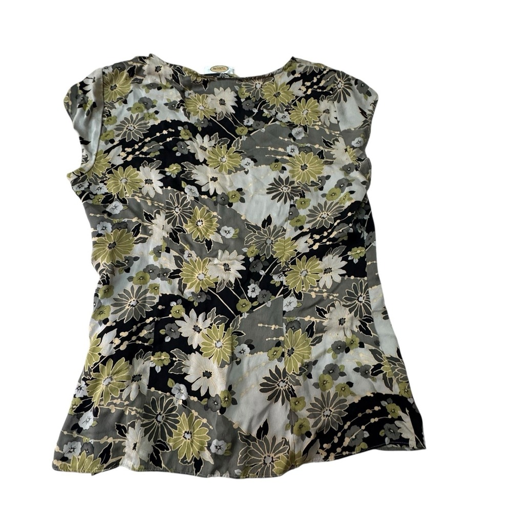 Talbots Pure Silk Gray Green Floral Shirt Sz 12 V-Neck Short Sleeve Lightweight - Picture 2 of 7